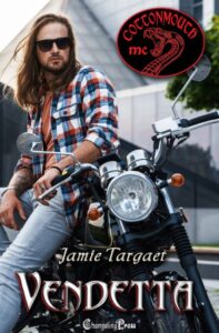 Book cover of Vendetta by Jamie Targaet, featuring a long-haired biker in sunglasses on a motorcycle.