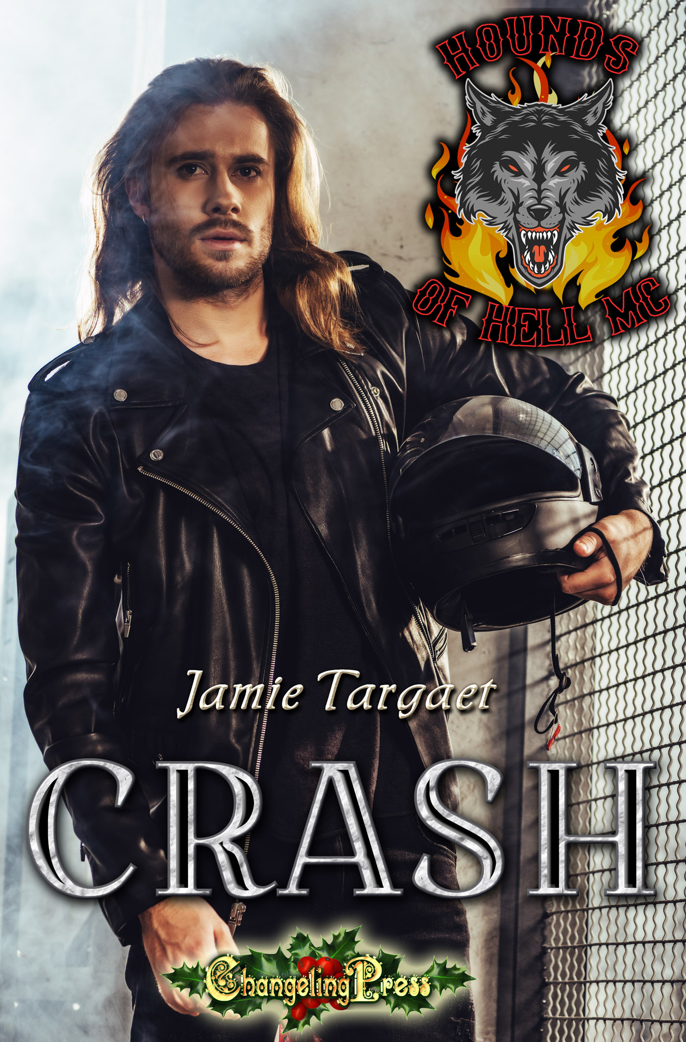 book cover for Hounds of Hell MC 5: Crash by Jamie Targaet with a handsome biker with a helmet and black jacket