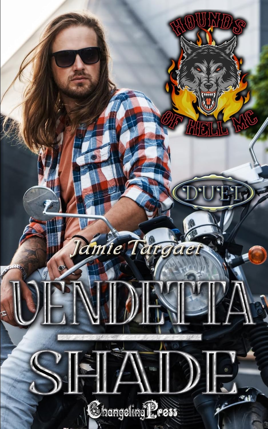 Book cover of Hero by Jamie Targaet, featuring a biker in a black leather jacket seated beside a motorcycle.